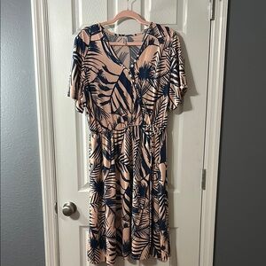 Piphany Light Pink and Navy Leaf Print Midi Dress Flutter Sleeves Wrap Dress